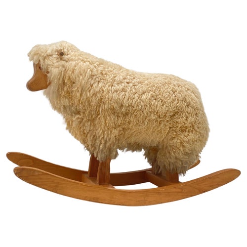 1970's Pine & Wool Rocking Sheep, The Netherlands